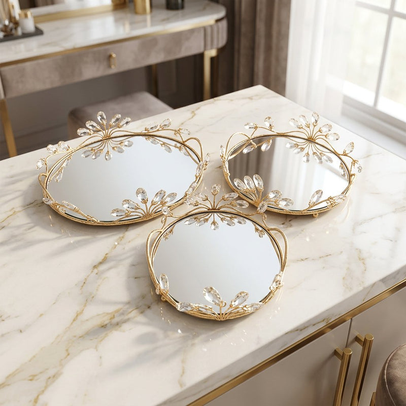 Crystal-Embellished Mirrored Serving & Vanity Trays Set of 3