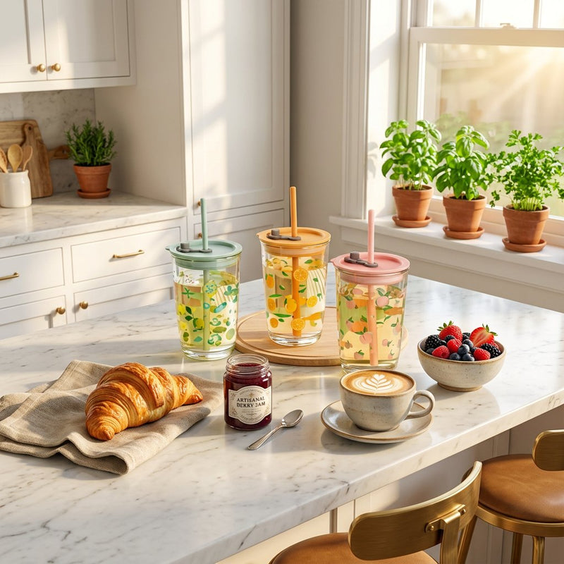 Pastel Printed Glass Iced Coffee Cups with Straws & Lids