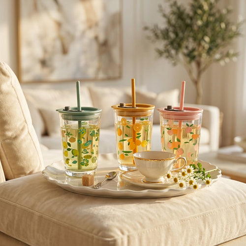 Pastel Printed Glass Iced Coffee Cups with Straws & Lids
