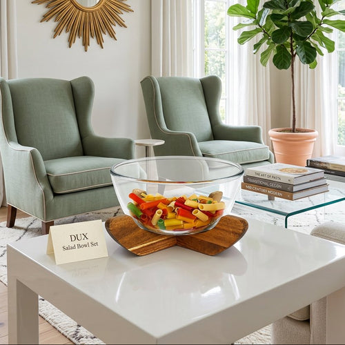 Large Glass Fruit & Salad Bowl Set with Natural Wooden Base 9 Inch
