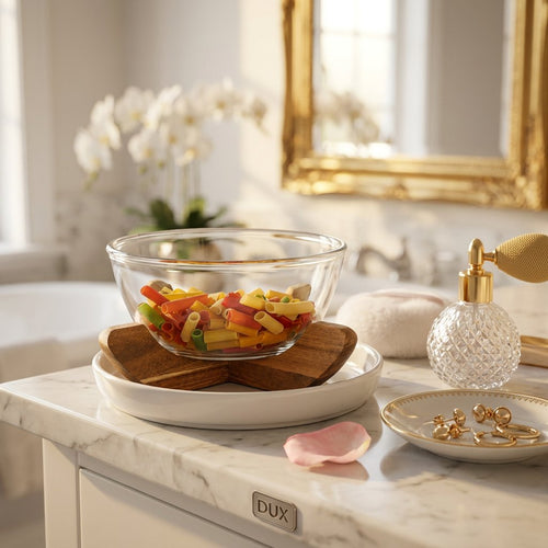 Large Glass Fruit & Salad Bowl Set with Natural Wooden Base 9 Inch