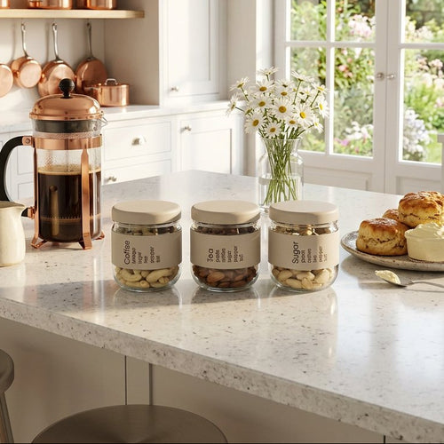 Modern Off-White Labeled Glass Jars with Airtight Lids 3 Piece