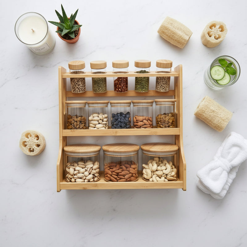 3-Tier Bamboo Spice Rack Organizer with Glass Jars & Airtight Lids