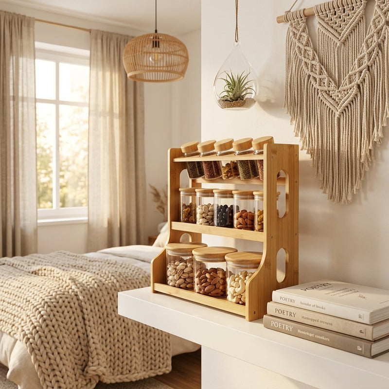 3-Tier Bamboo Spice Rack Organizer with Glass Jars & Airtight Lids