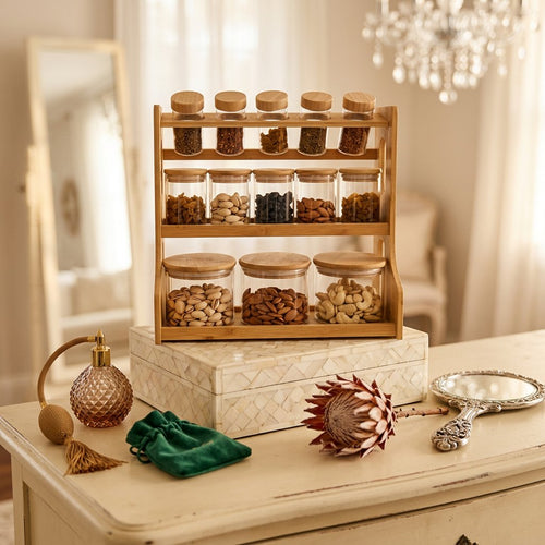 3-Tier Bamboo Spice Rack Organizer with Glass Jars & Airtight Lids