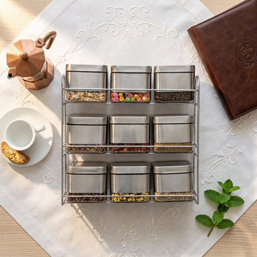 Elegant Silver Coated Glass Spice Jar Set with 3-Level Rack Stand