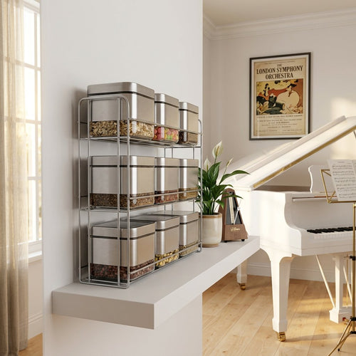 Elegant Silver Coated Glass Spice Jar Set with 3-Level Rack Stand