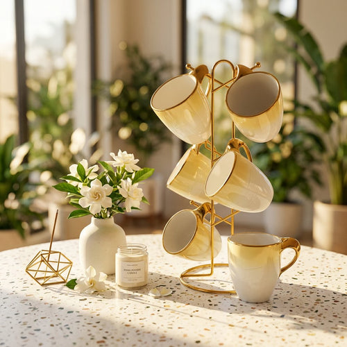 Elegant Ombre Teacup Set with Gold Metal Organizer Stand