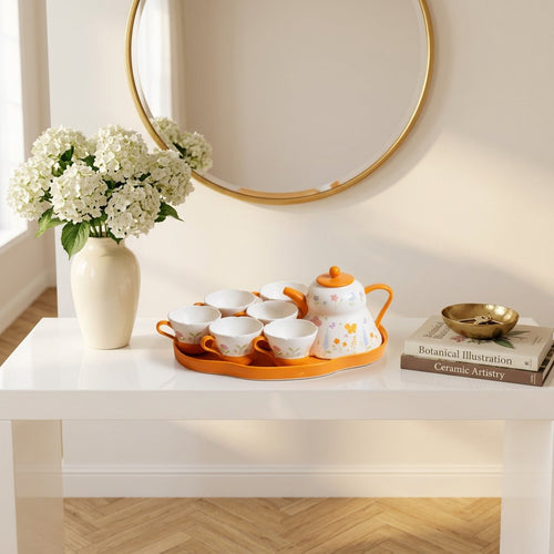 Vibrant Orange Floral Garden Tea Set with Scalloped Cups