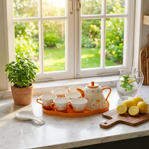 Vibrant Orange Floral Garden Tea Set with Scalloped Cups