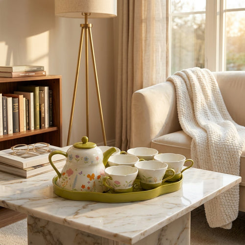 Fresh Sage Green Floral Garden Tea Set with Scalloped Cups