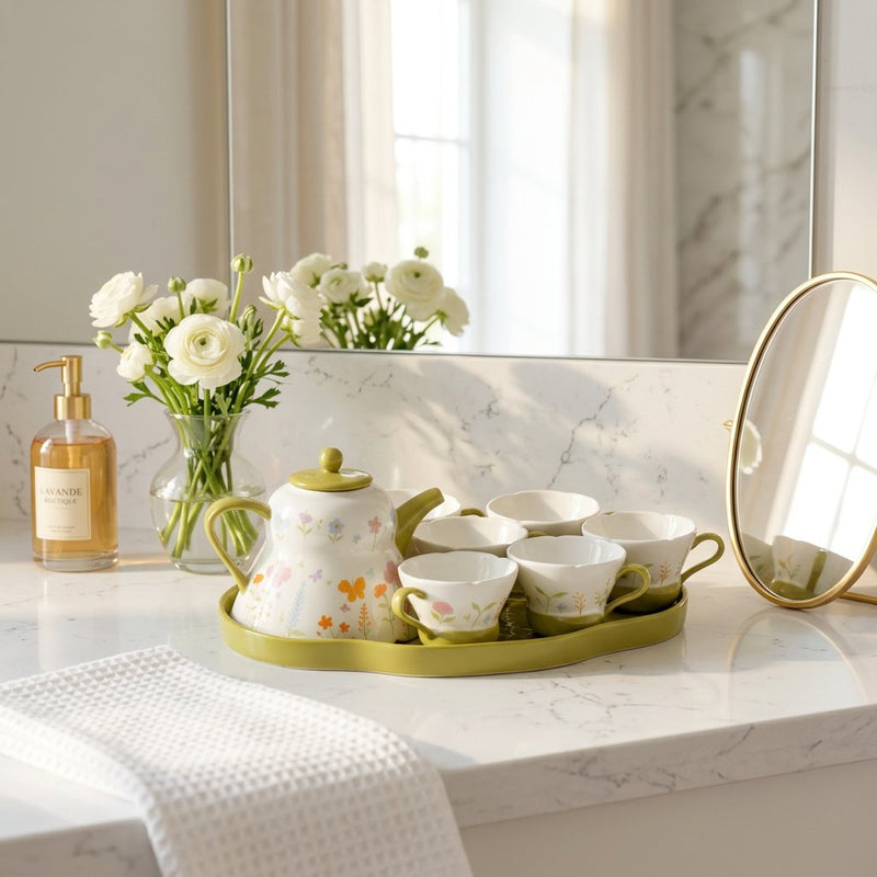 Fresh Sage Green Floral Garden Tea Set with Scalloped Cups