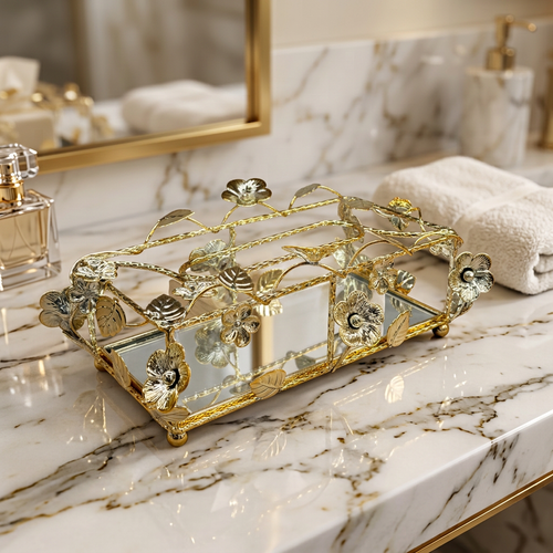 Elegant Botanical Flower & Leaf Metal Wire Tissue Box Holder