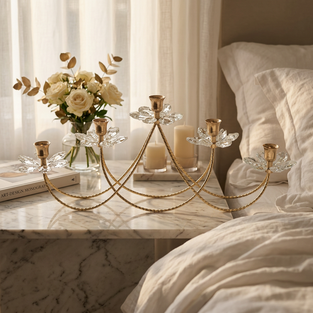 Elegant Textured Metal & Crystal Glass Floral Candle Holder