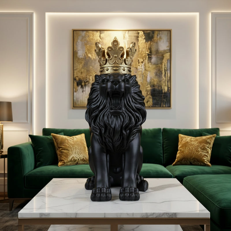 Royal Crowned Black Lion Statue