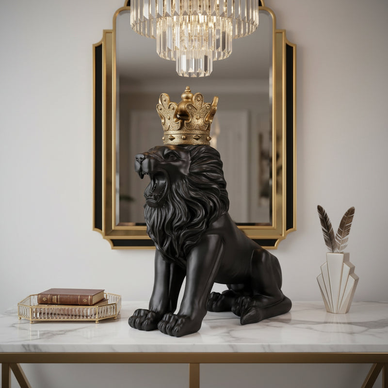 Royal Crowned Black Lion Statue