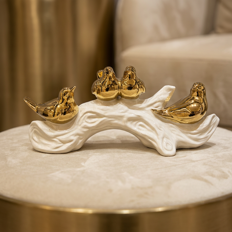 Golden Birds on Sculpted White Branch Accent
