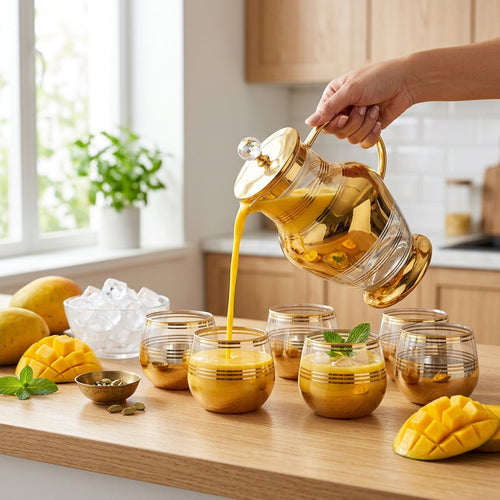 Gilded Imperial Glass Pitcher and Glass Set 7 Piece