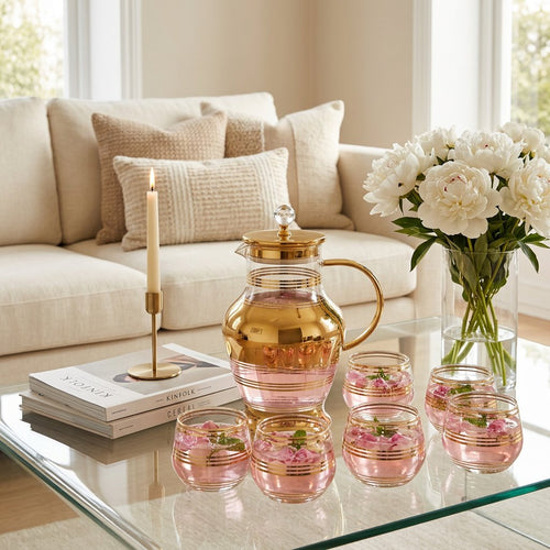 Gilded Imperial Glass Pitcher and Glass Set 7 Piece