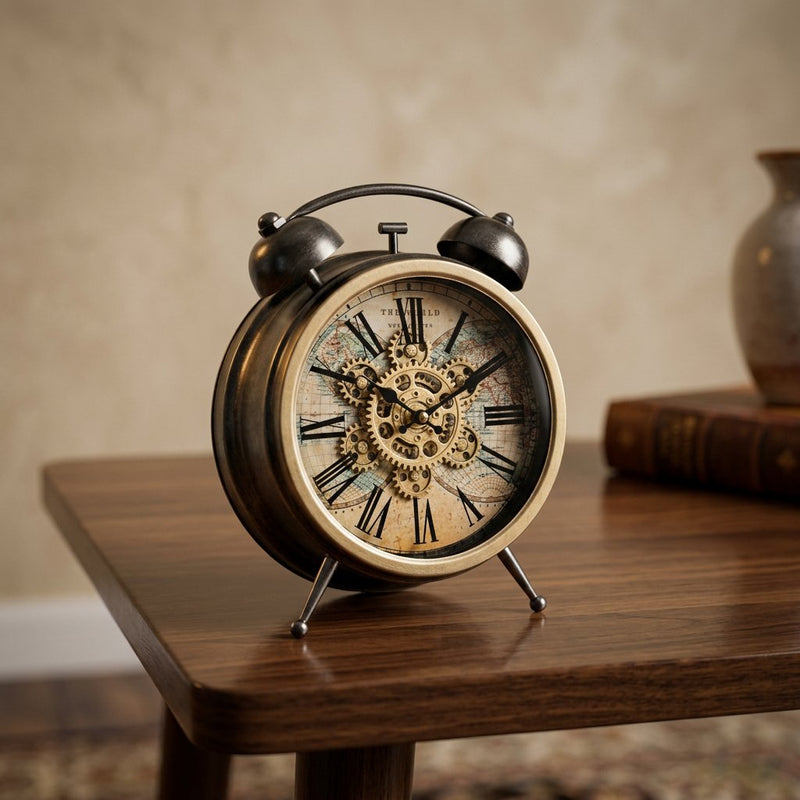 Vintage Map & Gears Alarm-Style Desk Clock