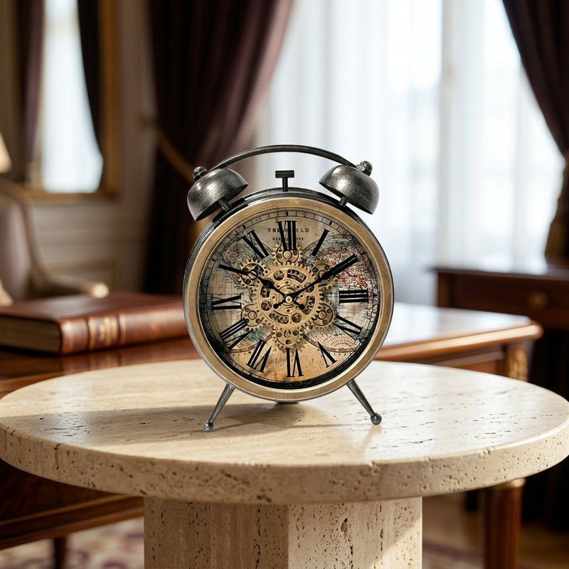 Vintage Map & Gears Alarm-Style Desk Clock