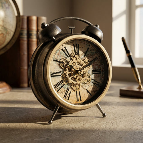 Vintage Map & Gears Alarm-Style Desk Clock