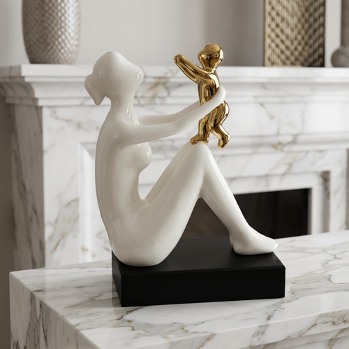 Seated Mother & Child Sculpture in Ivory & Gold
