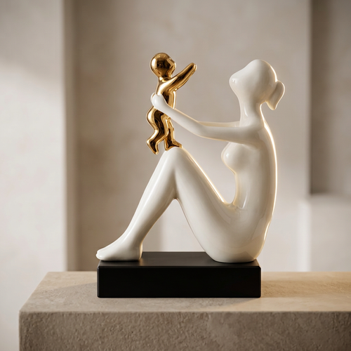 Seated Mother & Child Sculpture in Ivory & Gold
