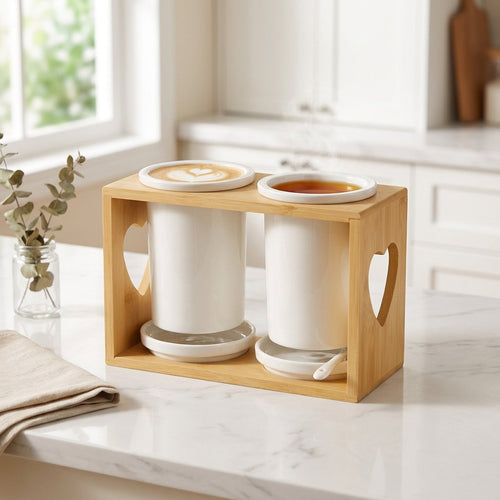 Double Ceramic Utensil Holder with Bamboo Stand