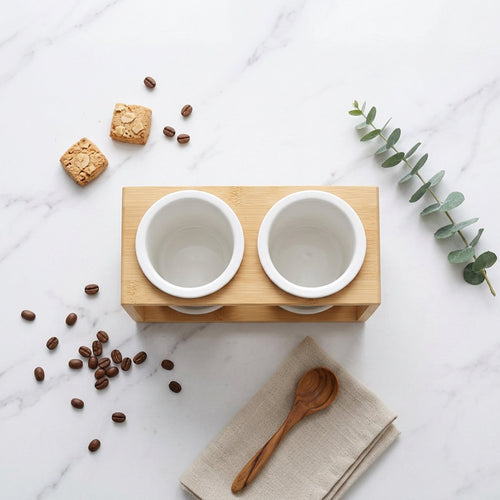 Double Ceramic Utensil Holder with Bamboo Stand