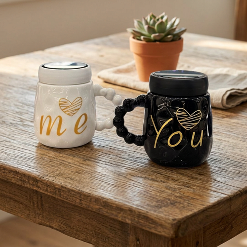 You & Me Ceramic Couple Mug Set of 2 with Mirror Lids