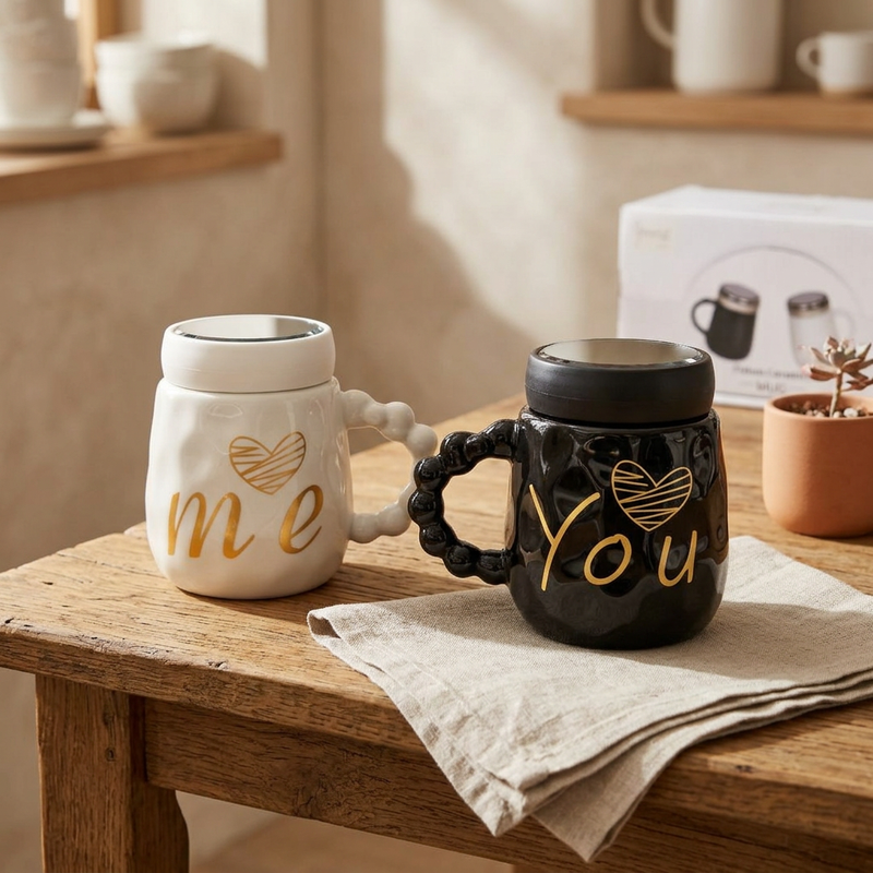 You & Me Ceramic Couple Mug Set of 2 with Mirror Lids