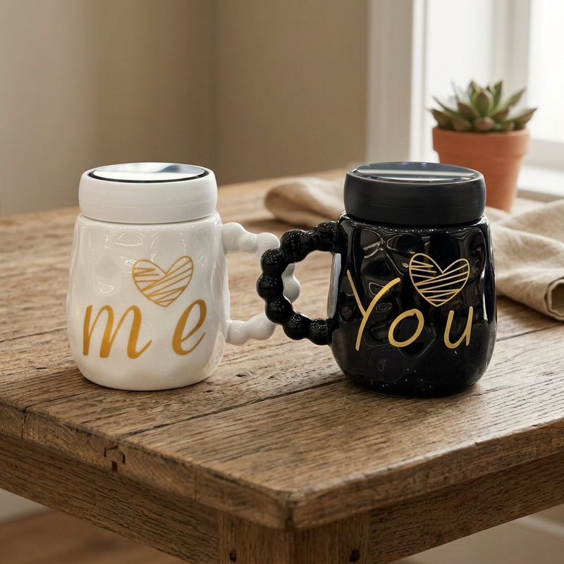 You & Me Ceramic Couple Mug Set of 2 with Mirror Lids