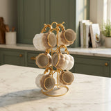 Luxury Ceramic Cup Set of 6 with Gold Metal Stand 7 Piece