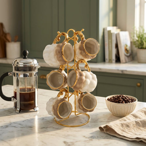 Luxury Ceramic Cup Set of 6 with Gold Metal Stand