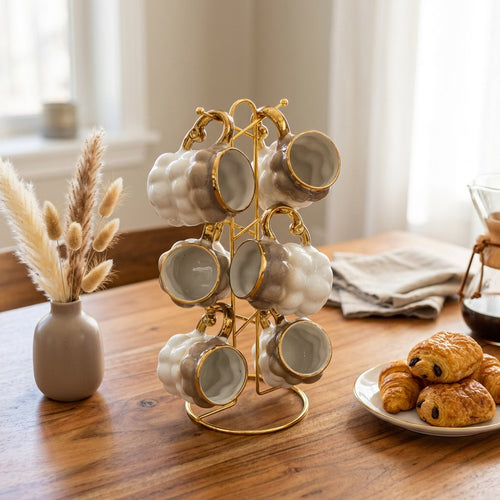 Luxury Ceramic Cup Set of 6 with Gold Metal Stand