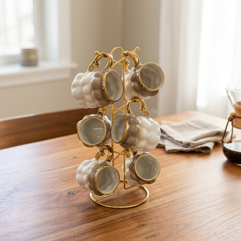 Luxury Ceramic Cup Set of 6 with Gold Metal Stand 7 Piece