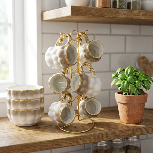 Luxury Ceramic Cup Set of 6 with Gold Metal Stand