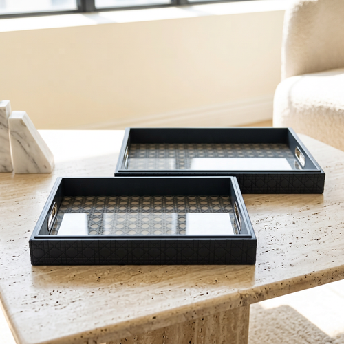 Luxury Slate Grey & Cannage Serving Trays Set of 2