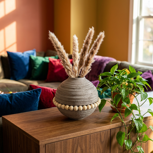 Modern Organic Sphere Vase with Wood Beads