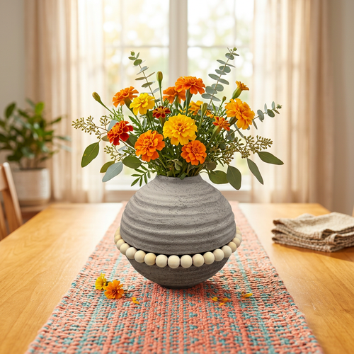 Modern Organic Sphere Vase with Wood Beads
