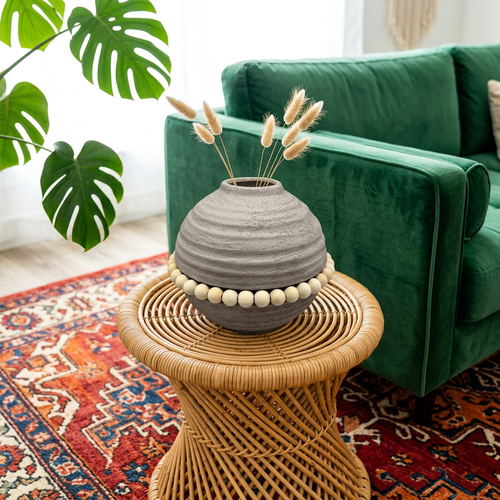 Modern Organic Sphere Vase with Wood Beads