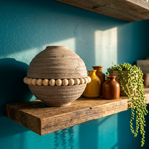 Modern Organic Sphere Vase with Wood Beads