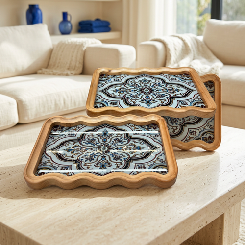 Turkish Pattern Serving Tray Set with Wave Rim Set of 2