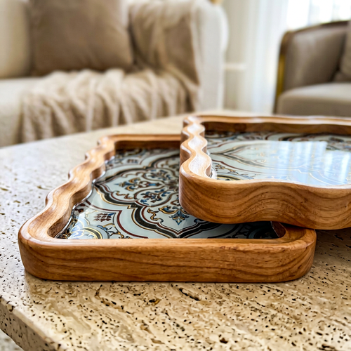 Turkish Pattern Serving Tray Set with Wave Rim Set of 2
