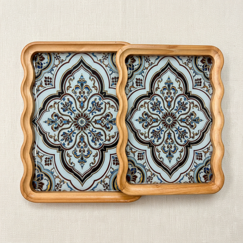 Turkish Pattern Serving Tray Set with Wave Rim Set of 2