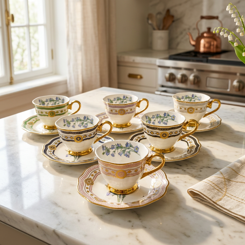 Elegant Bluebell Pastel & Gold Fine Cup & Saucer Set of 6