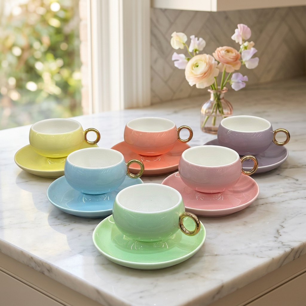 Colorful Cups with Gold Ring Handles Set of 6