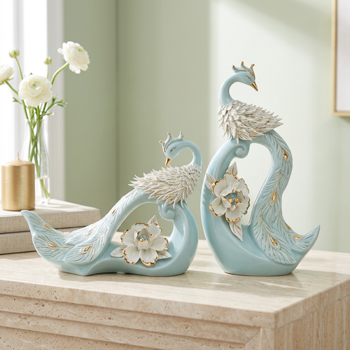 Imperial Ceramic Peacock Couple Statues Set of 2