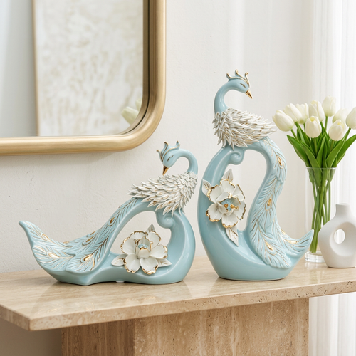 Imperial Ceramic Peacock Couple Statues Set of 2